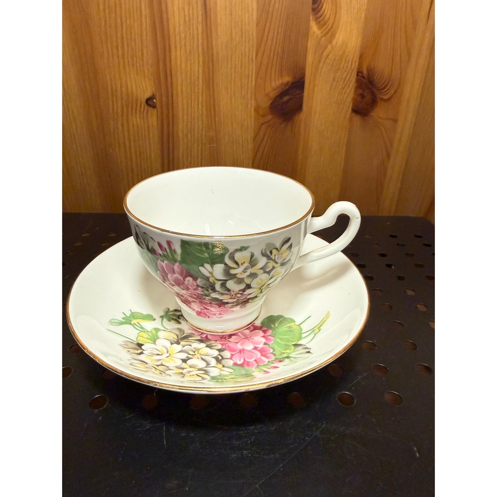 Vintage Bone China England Floral Teacup & Saucer Pink White Flowers Gold Trim